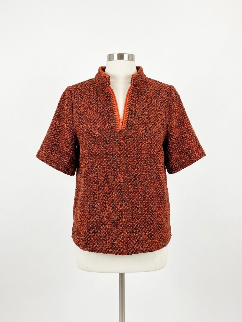 NEW VOY fringe textured half zip tweed top in rust
